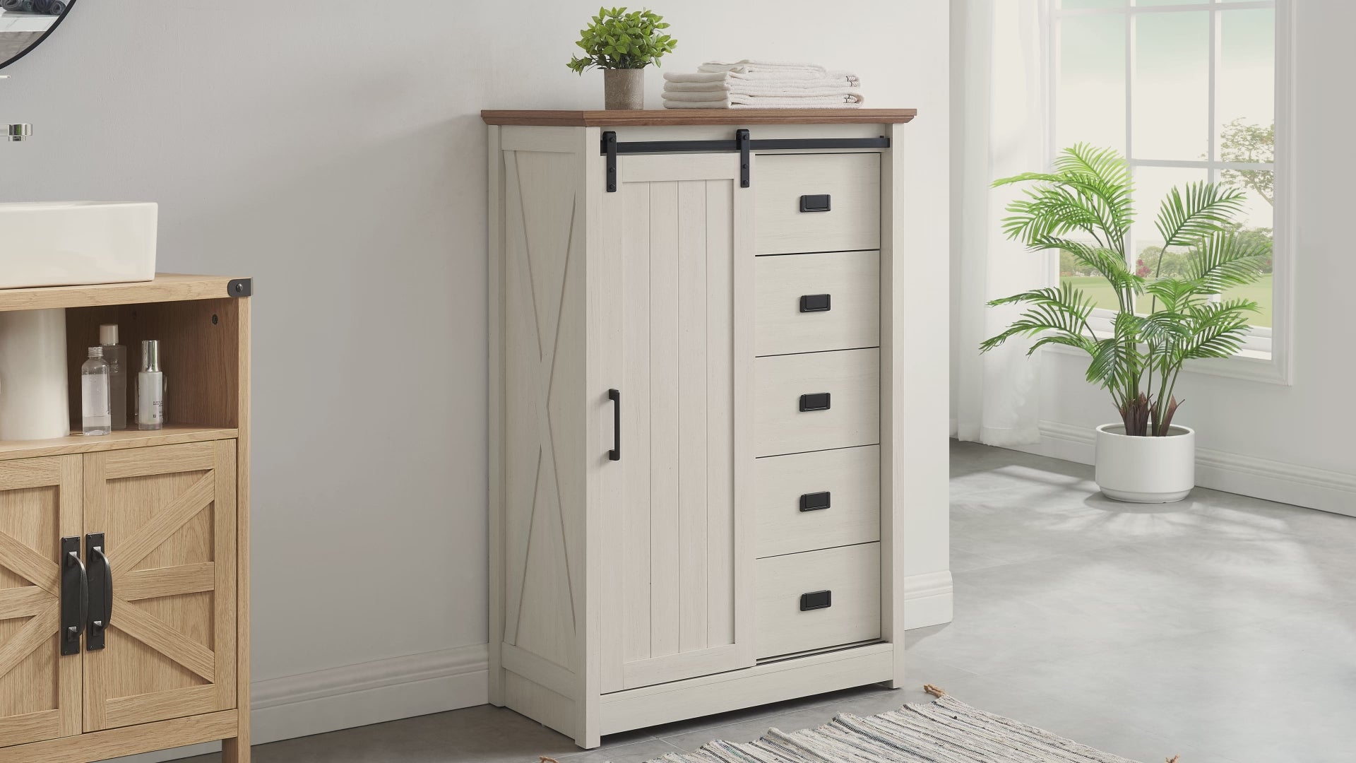 5 Drawers Dresser with Sliding Barn Door, 48"H Farmhouse Tall Dresser 5 Chest of Drawers, Wooden Storage Organizer for Living Room, Hallway