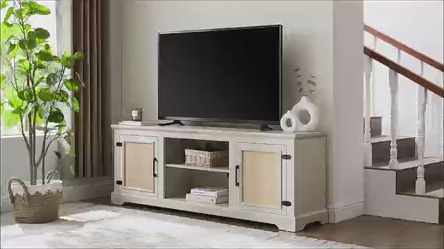 65" Mid-Century Modern TV Stand for 70" TVs, Rattan Entertainment Center with Storage Cabinets & Adjustable Shelves, Media Console for Living Room & Bedroom