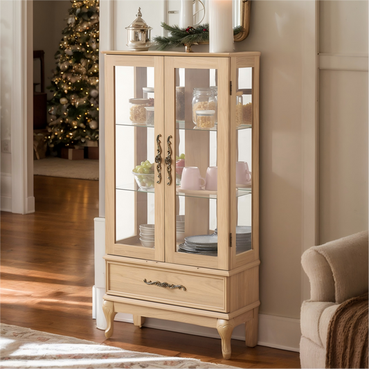 52" Lighted Curio Cabinet with Drawer, Vintage Glass Curio Showcase with 3-Tier Adjustable Shelves & Mirrored Back Panel, Light Blub Included, Wooden China Cabinet with Tempered Glass Doors for Living Room, Bedroom, Dining Room