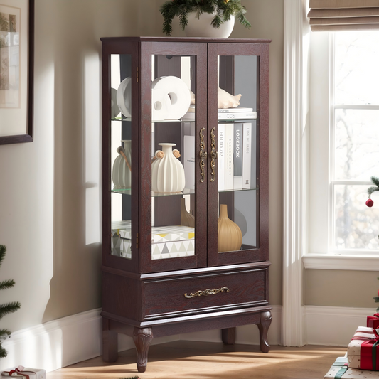 52" Lighted Curio Cabinet with Drawer, Vintage Glass Curio Showcase with 3-Tier Adjustable Shelves & Mirrored Back Panel, Light Blub Included, Wooden China Cabinet with Tempered Glass Doors for Living Room, Bedroom, Dining Room