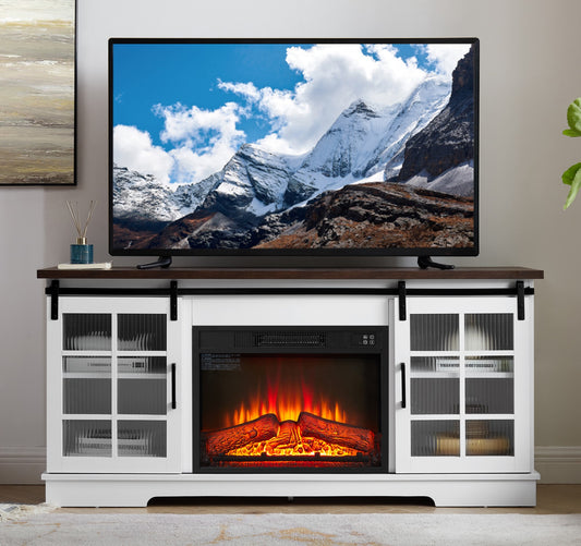 Sliding Door TV Stand, 59" W Entertainment Center Console Table with 2 Sliding Fluted Glass Tempered Doors for TV Up to 65'', Large Storage Cabinet for Living Room