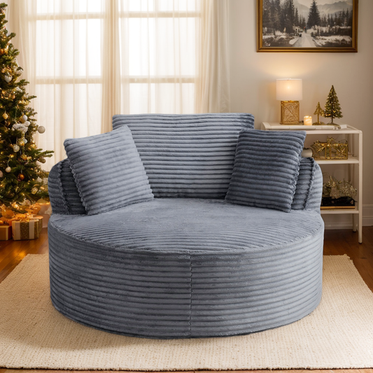 53.5" Oversized Round Chaise Lounge Chair Indoor, Comfy Corduroy Upholstered Boneless Couch with Pillow, No Assembly Required, Deep Seat Lounge Floor Compression Sofa Chair for Living Room, Apartment