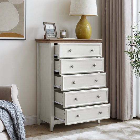 CKEASEAN Wooden Dresser with 5 Drawers, Tall Chest of Drawers, Storage Tower Cabinet with Metal Handles, Storage Dressers Organizer for Entryway,Living Room