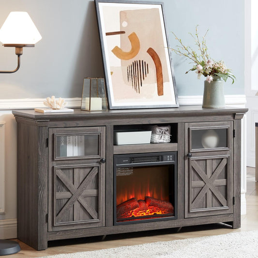 Farmhouse TV Stand with Barn Doors, 60" Wooden TV Console Table for TVs Up to 70 Inch, Adjustable Shelves, Rustic Entertainment Center for Living Room