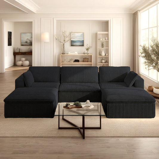 118" Corduroy Modular Sectional Boneless Sofa Couch, Oversized 3-Seater Cloud Couches with Removable Cushion & Ottoman, No Assembly Required, Free Combination, Cozy Deep Seat Compression Couches for Living Room, Apartment