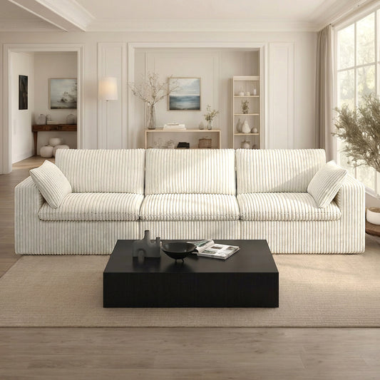 118" Corduroy Modular Sectional Boneless Sofa Couch, Oversized 3-Seater Cloud Couches with Removable Cushion & Ottoman, No Assembly Required, Free Combination, Cozy Deep Seat Compression Couches for Living Room, Apartment