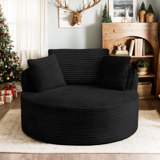 53.5" Oversized Round Chaise Lounge Chair Indoor, Comfy Corduroy Upholstered Boneless Couch with Pillow, No Assembly Required, Deep Seat Lounge Floor Compression Sofa Chair for Living Room, Apartment