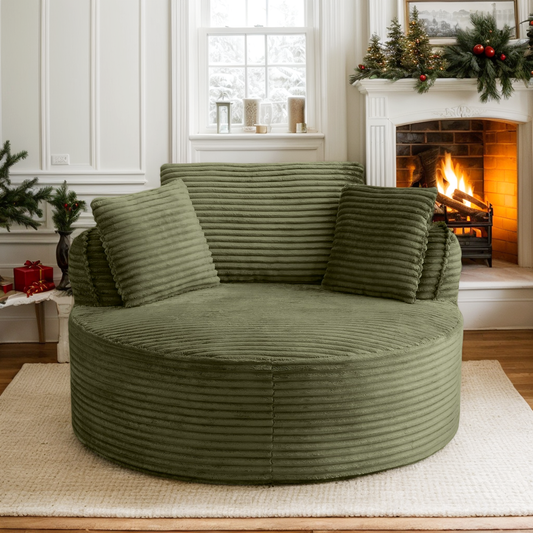53.5" Oversized Round Chaise Lounge Chair Indoor, Comfy Corduroy Upholstered Boneless Couch with Pillow, No Assembly Required, Deep Seat Lounge Floor Compression Sofa Chair for Living Room, Apartment