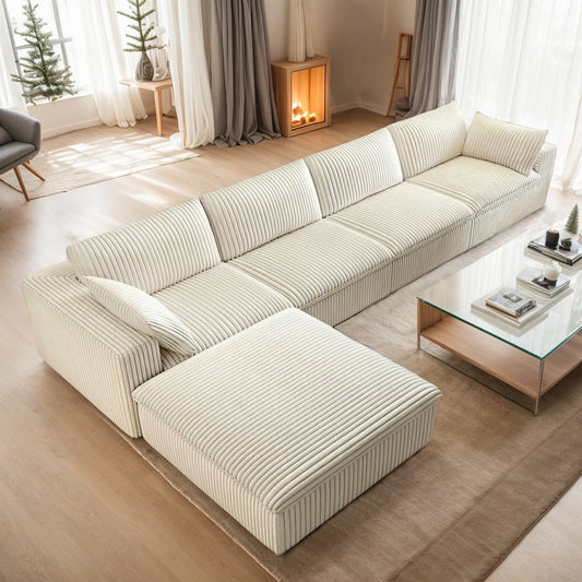 157.6" Oversized Modular Sectional Couch, No Assembly Required, Comfy Plush Corduroy 4-Seater Boneless Couch with Ottoman & Soft Pillow, Modern Deep Seat Upholstered Compression Sofa for Living Room, Apartment, Bedroom