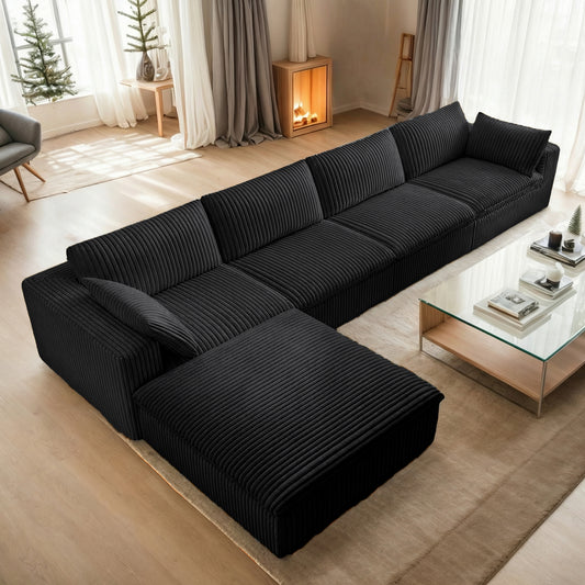 157.6" Oversized Modular Sectional Couch, No Assembly Required, Comfy Plush Corduroy 4-Seater Boneless Couch with Ottoman & Soft Pillow, Modern Deep Seat Upholstered Compression Sofa for Living Room, Apartment, Bedroom