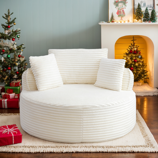 53.5" Oversized Round Chaise Lounge Chair Indoor, Comfy Corduroy Upholstered Boneless Couch with Pillow, No Assembly Required, Deep Seat Lounge Floor Compression Sofa Chair for Living Room, Apartment