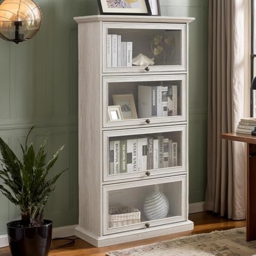 Tall Bookcase with Glass Doors, 63" H Glass Curio Display Cabinet with Flip up Doors, Elegant Storage Cabinet with 4-Tier Shelves, Rack for Living Room