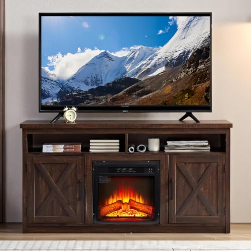 58" W Barn Door TV Stand with Mental, Entertainment Center for TV Up to 65", Entertainment Console Table with Open and Closed Storage Space for Living Room