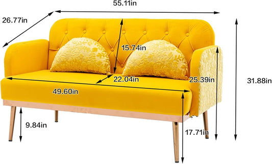 Modern Loveseat Sofa, 55" W Mid Century Velvet 2-Seat Sofa Couch with Upholstered, Gold Metal Legs, Small Couch for Bedroom, Living Room (Yellow)