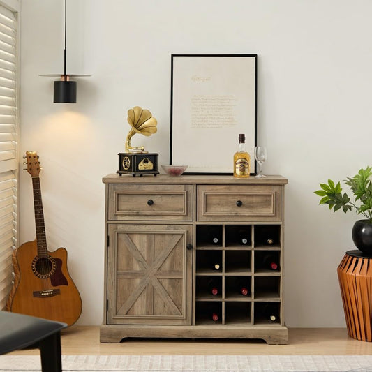 Farmhouse Buffet Cabinet with 2 Drawers, 35"H Wine Bar Cabinet with Removable Wine Racks and Storage Shelves, Liquor Coffee Bar Cupboard, Rack for Living Room, Kitchen