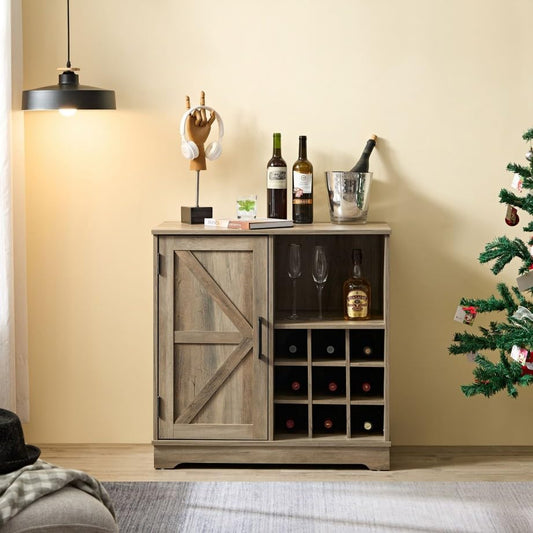 Coffee Bar Cabinet, 32"H Farmhouse Rustic Barn Door Buffet Sideboard Cabinet with Wine Rack, Adjustable Shelves, Rack for Living Room, Kitchen