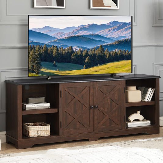 Farmhouse Entertainment Center for TVs Up to 80 inch, 70" W TV Stand with Open Shelves and Barn Doors, Large Home TV Console Table for Living Room