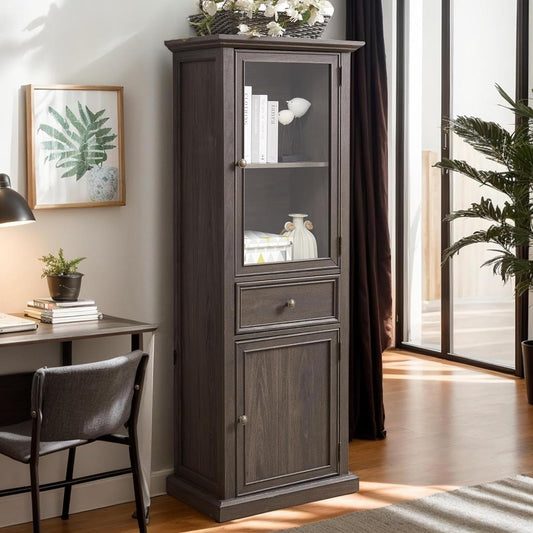 65" H Tall Narrow Bookcase with Tempered Glass Door and Drawer - Elegant Freestanding Pantry Cabinet for Living Room and Office