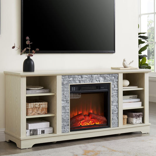58" W TV Stand with Fireplace, Faux Stacked Stone Surround, Wooden Entertainment Center with 18'' Electric Fireplace, TV Console Table for Living Room
