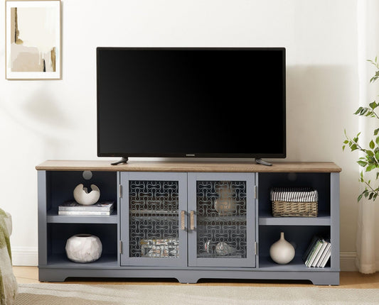 Modern Entertainment Center with Fluted Glass Doors, 70'' Wooden TV Stand for TVs Up to 80'', Adjustable Shelves, Large Home Media Console Table for Living Room
