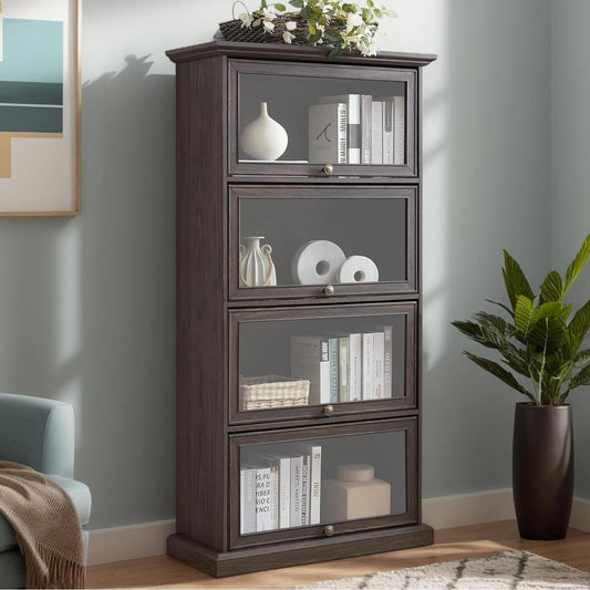 Tall Bookcase with Glass Doors, 63" H Glass Curio Display Cabinet with Flip up Doors, Elegant Storage Cabinet with 4-Tier Shelves, Rack for Living Room