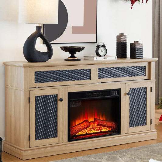 58.5" W TV Stand with Fireplace, Entertainment Center with Ample Storage for TVs up to 65 Inches, Wooden TV Console Table with Embossed Doors for Living Room