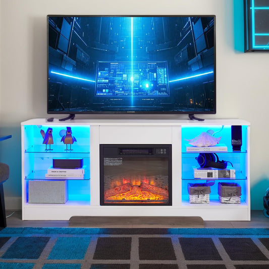 58''W TV Stand with 18'' Fireplace-LED Entertainment Center with Adjustable Glass Shelves and Remote Control, Modern TV Cabinet for 65 inch TV-Console