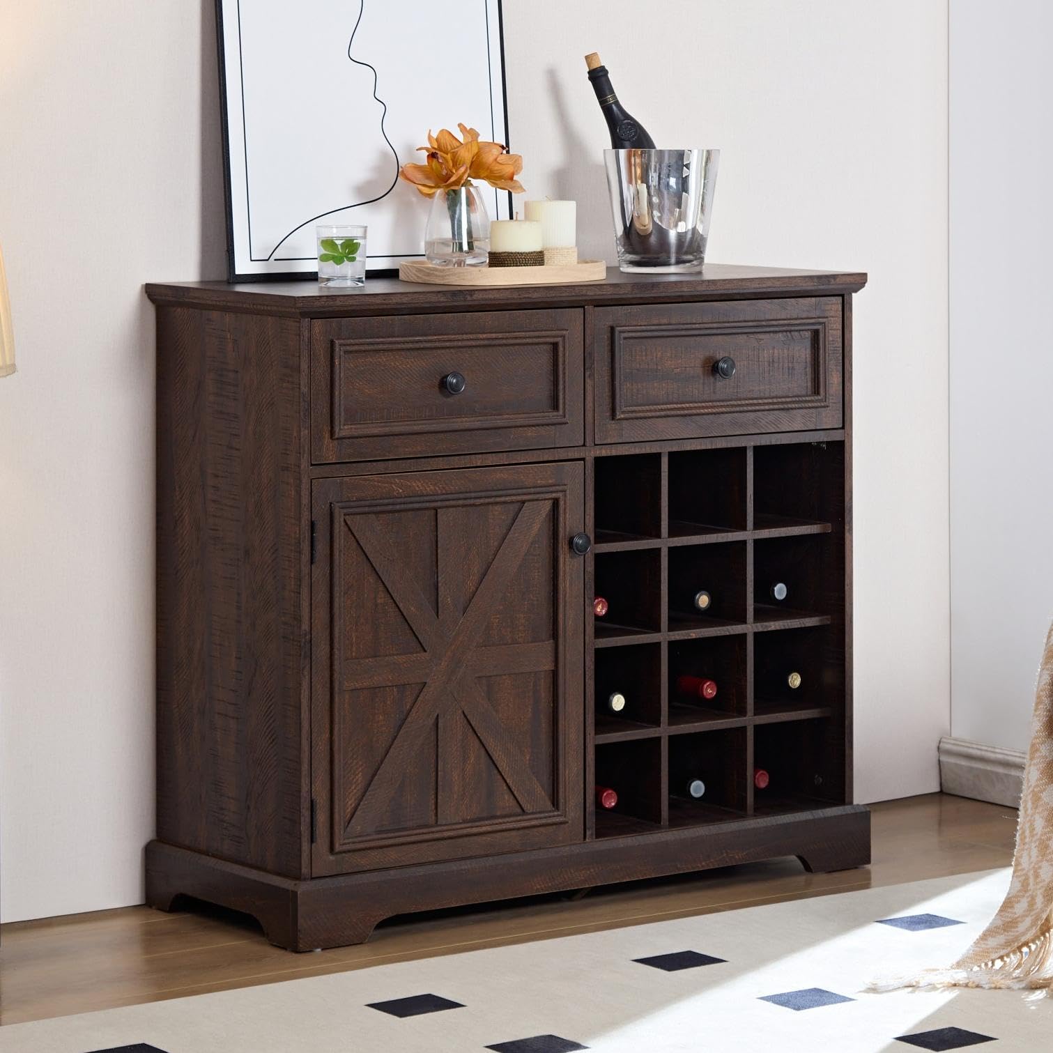 Bar Storage Cabinet With Removable Wine Rack, Wine Bar Buffet Cabinet With Storage Liquor Bar Buffet Sideboard Brown