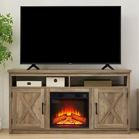 58" W Barn Door TV Stand with Mental, Entertainment Center for TV Up to 65", Entertainment Console Table with Open and Closed Storage Space for Living Room