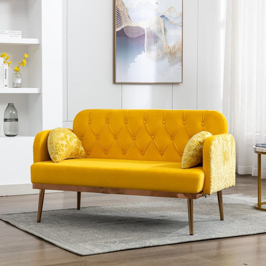 Modern Loveseat Sofa, 55" W Mid Century Velvet 2-Seat Sofa Couch with Upholstered, Gold Metal Legs, Small Couch for Bedroom, Living Room (Yellow)