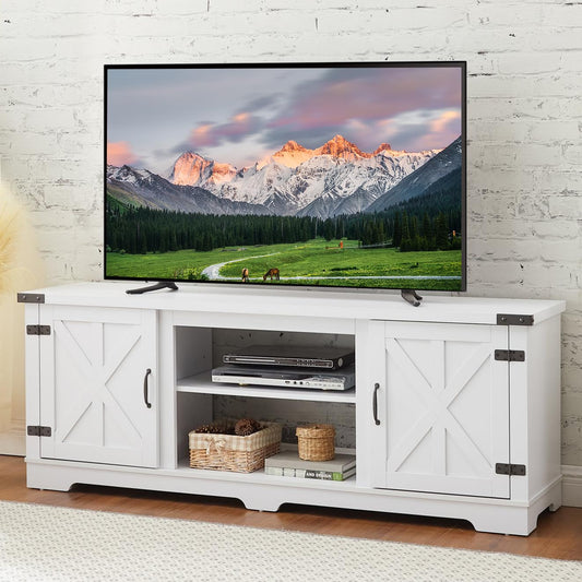 Farmhouse TV Stand with Open Shelves and Closed Storage, 65''W Modern Entertainment Center for TVs up to 70'', White Entertainment Console Table for Living Room