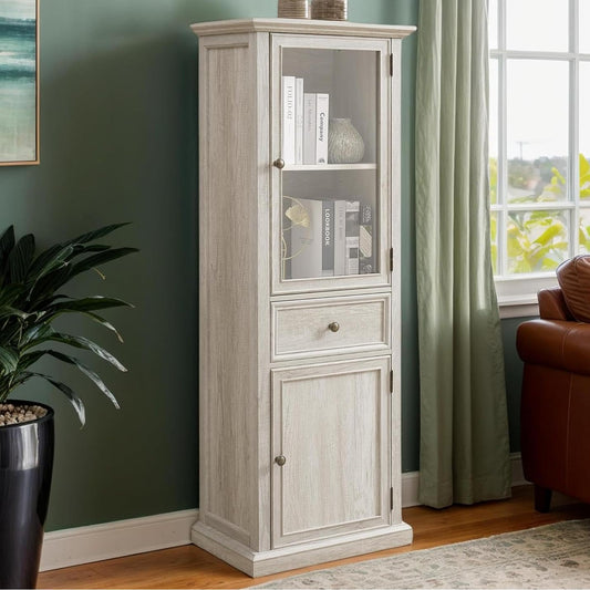 65" H Tall Narrow Bookcase with Tempered Glass Door and Drawer - Elegant Freestanding Pantry Cabinet for Living Room and Office