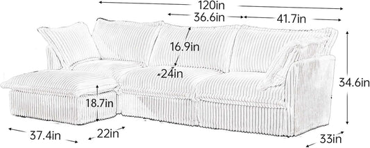 120" L Shape Sectional Couches for Living Room, 3-Seater Comfy Modular Sofa Couch with Removable Ottoman, 2 Big Pillows, Oversized Corduroy Sofa for Apartment