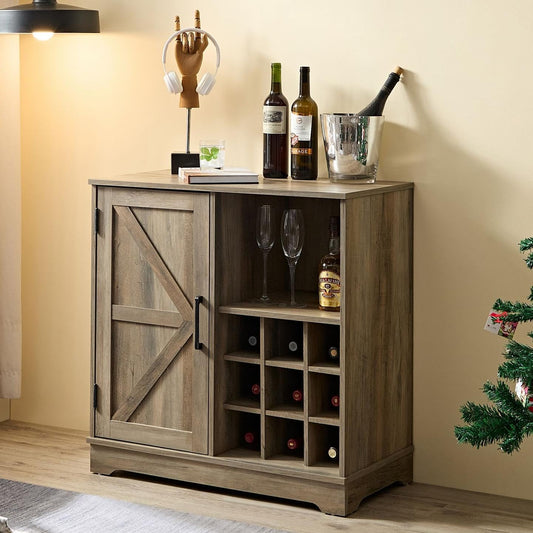Coffee Bar Cabinet, 32"H Farmhouse Rustic Barn Door Buffet Sideboard Cabinet with Wine Rack, Adjustable Shelves, Rack for Living Room, Kitchen