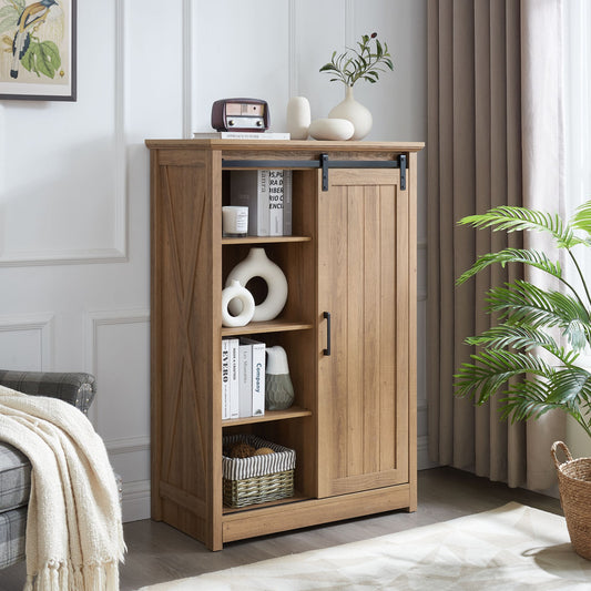 5 Drawers Dresser with Sliding Barn Door, 48"H Farmhouse Tall Dresser 5 Chest of Drawers, Wooden Storage Organizer for Living Room, Hallway