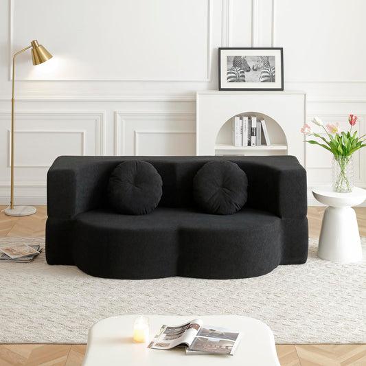 75.5" Convertible Folding Sofa Bed with 2 Pillows, Velvet Fabric Queen Sleeper Sofa, Loveseat Couch with Premium Quality Foam, Medium-Soft Folding Mattress Sleeper for Living Room