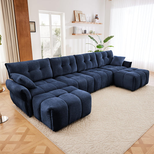 Chenille Fabric Upholstery Modular 4-Seater Sofa Set with 2 Ottomans, Comfortable Sectional Couch with Cushions and 2 Throw Pillows for Living Room, Office, Lounge