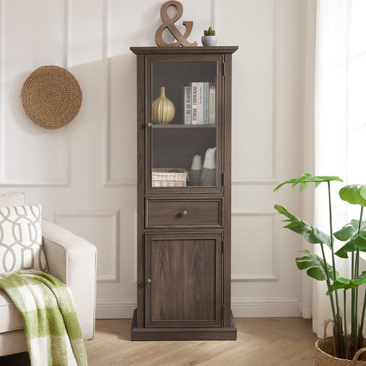 65" H Tall Narrow Bookcase with Tempered Glass Door and Drawer - Elegant Freestanding Pantry Cabinet for Living Room and Office