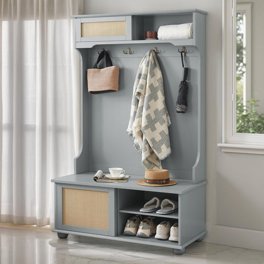 Modern Hall Tree with Sliding Rattan Doors, 40" W Coastal Entryway Bench with Large Storage and Solid Wood Feet, Freestanding Shoe Cabinet for Entryway