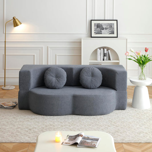 75.5" Convertible Folding Sofa Bed with 2 Pillows, Velvet Fabric Queen Sleeper Sofa, Loveseat Couch with Premium Quality Foam, Medium-Soft Folding Mattress Sleeper for Living Room