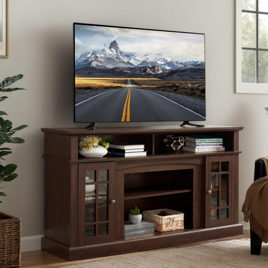 Farmhouse TV Stand with Glass Door, 58" W Large Entertainment Center with Open Shelves, Large Home Entertainment Console Table for TV Up to 65'', Rack for Living Room