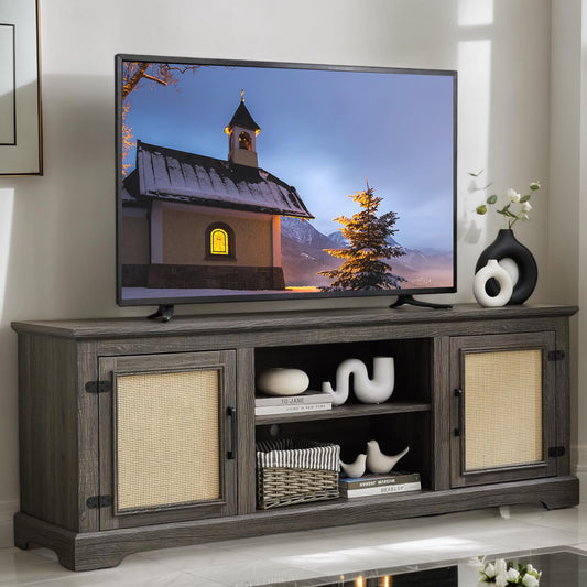 65" Mid-Century Modern TV Stand for 70" TVs, Rattan Entertainment Center with Storage Cabinets & Adjustable Shelves, Media Console for Living Room & Bedroom