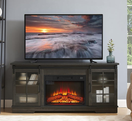 Sliding Door TV Stand, 59" W Entertainment Center Console Table with 2 Sliding Fluted Glass Tempered Doors for TV Up to 65'', Large Storage Cabinet for Living Room