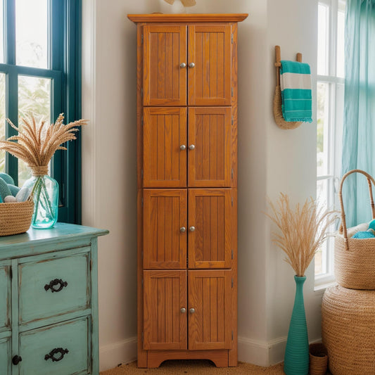 Farmhouse Corner Storage Cabinet with 8 Doors, 72" H Wooden Kitchen Pantry with 4 Shelves, 4-Tier Freestanding Bookshelf, Rack for Living Room