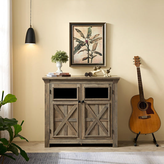 Farmhouse Coffee Wine Bar Cabinet with 2 doors, 38"W Kitchen Storage Cabinet with Adjustable Shelf, Wood Buffet Side Board Table for Living Room, Kitchen
