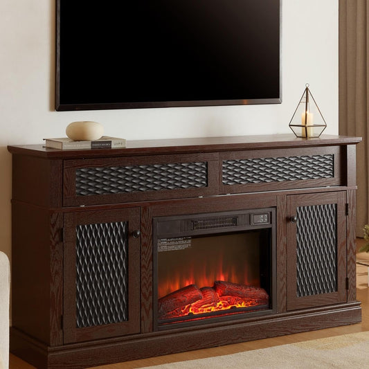 58.5" W TV Stand with Fireplace, Entertainment Center with Ample Storage for TVs up to 65 Inches, Wooden TV Console Table with Embossed Doors for Living Room