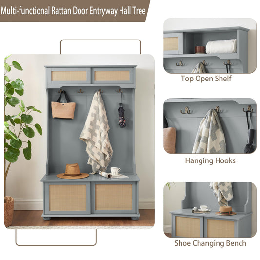 Modern Hall Tree with Sliding Rattan Doors, 40" W Coastal Entryway Bench with Large Storage and Solid Wood Feet, Freestanding Shoe Cabinet for Entryway
