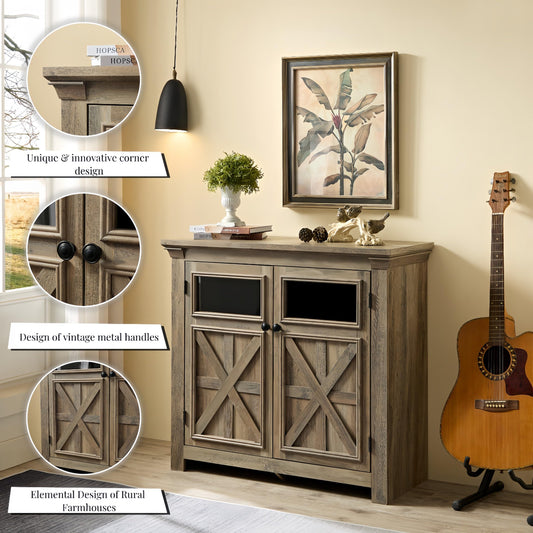 Farmhouse Coffee Wine Bar Cabinet with 2 doors, 38"W Kitchen Storage Cabinet with Adjustable Shelf, Wood Buffet Side Board Table for Living Room, Kitchen