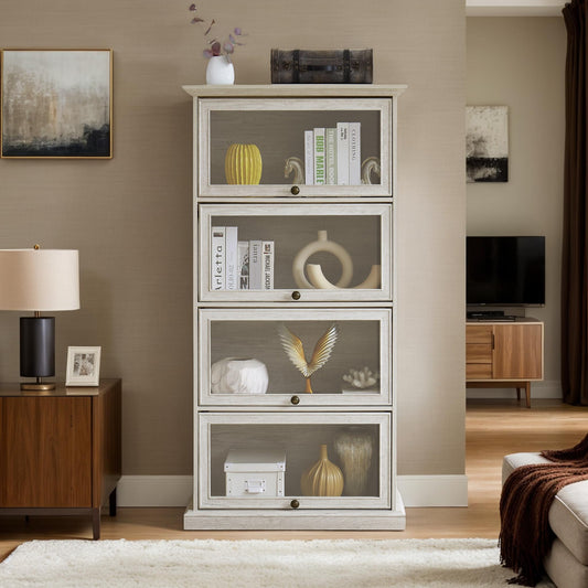 Tall Bookcase with Glass Doors, 63" H Glass Curio Display Cabinet with Flip up Doors, Elegant Storage Cabinet with 4-Tier Shelves, Rack for Living Room