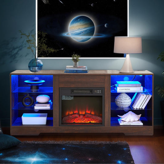 58''W TV Stand with 18'' Fireplace-LED Entertainment Center with Adjustable Glass Shelves and Remote Control, Modern TV Cabinet for 65 inch TV-Console